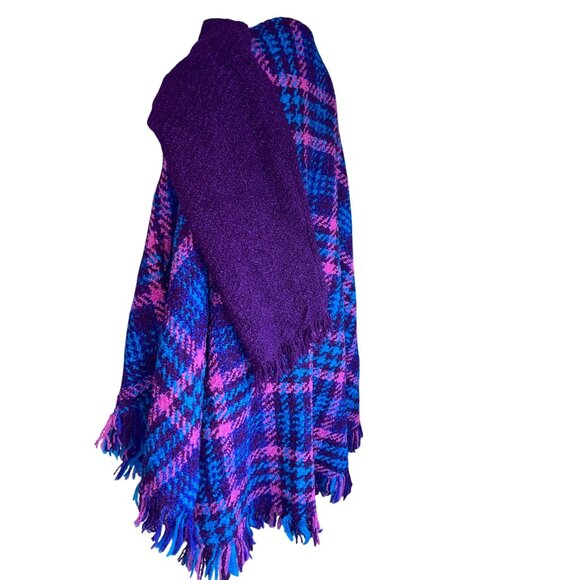 Boyne Valley Weavers Womens One Size Blue Wool Hand Knit Plaid Shawl Poncho - Picture 10 of 11